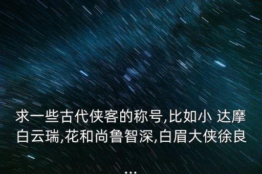 求一些古代俠客的稱號,比如小 達摩白云瑞,花和尚魯智深,白眉大俠徐良...